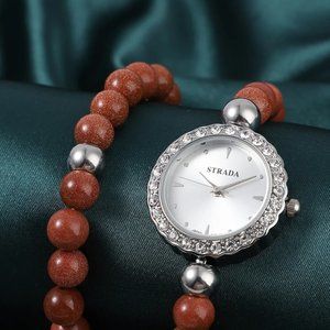 NIB White Austrian Crystal, Gold Sandstone Beaded Watch and Matching Bracelet